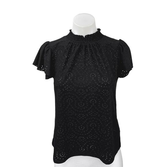 Faith & Zoe Black Eyelet Embroidered Mock Neck Short Sleeve Blouse Top Size XS - Picture 1 of 5